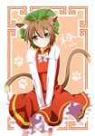  animal_ears blush brown_eyes brown_hair cat_ears cat_tail chen hat highres jewelry looking_at_viewer multiple_tails nugi_(armenci) paw_print short_hair single_earring smile solo tail touhou v_arms 