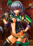  alternate_costume armor bad_id bad_pixiv_id breasts cleavage contrapposto earrings fangs green_hairband hair_ribbon hairband hand_on_hip highres jacket jewelry katana konpaku_youmu maco_(macoillust) medium_breasts navel_piercing open_mouth piercing ribbon short_hair solo standing sword touhou weapon 