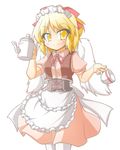  apron blonde_hair bow cop_(shokkidana) corset cup dress gengetsu hair_bow pantyhose ribbon short_hair smile teacup teapot touhou touhou_(pc-98) vest waitress white_legwear wings yellow_eyes 