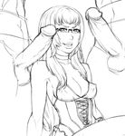  2boys breasts catherine_(game) choker cleavage corset covered_nipples glasses greyscale grin hetero huge_penis katherine_mcbride large_breasts lineart lips lm_(legoman) long_hair monochrome multiple_boys multiple_penises penis semi-rimless_eyewear sketch smile under-rim_eyewear 