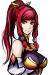  absurdres armor armored_dress bare_shoulders blazblue blazblue:_chronophantasma breasts detached_sleeves early_type hair_tubes highres izayoi_(blazblue) large_breasts long_hair ponytail red_eyes red_hair smile solo 