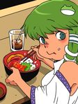  bowl chewing detached_sleeves drink eating food food_on_face frog green_eyes green_hair hair_ornament kochiya_sanae long_hair onikobe_rin rice rice_on_face solo touhou 