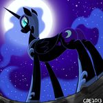  armor blue_eyes butt crimsonbugeye equine female feral friendship_is_magic helmet horn looking_at_viewer low-angle_shot mammal my_little_pony night nightmare_moon_(mlp) rock slit_pupils solo sparkles stars winged_unicorn wings worm's-eye_view 