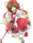  :d blue_eyes brown_hair card cardcaptor_sakura clow_card dress fuuin_no_tsue glove_bow gloves hat kinomoto_sakura magical_girl open_mouth pink_hat short_hair smile solo thighhighs wand white_gloves wings wonoco0916 