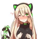  1girl 3: afterimage animal_ears black_leotard blonde_hair blush bow breasts cat_ear_headphones cat_ears cat_tail choker eyebrows_visible_through_hair frown girls_frontline green_bow green_choker green_eyes hair_bow hands headphones heart large_breasts leotard long_hair motion_lines one_eye_closed petting simple_background solo tail tail_bow tail_wagging tmp_(girls_frontline) unnamed upper_body white_background 