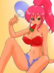  1girl breasts fan food fruit large_breasts lion_(abc3639) ponytail rai_on_(abc3639) red_hair solo watermelon 
