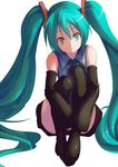  detached_sleeves green_eyes green_hair hatsune_miku highres leg_hug long_hair neav simple_background sitting sleeves_past_wrists solo thighhighs twintails very_long_hair vocaloid white_background 