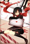  ayano_no_koufuku_riron_(vocaloid) bad_id bad_pixiv_id black_hair blood closed_eyes hair_ornament hairclip heart highres kagerou_project long_hair nanase09rr open_mouth red_scarf scarf school_uniform smile solo tateyama_ayano television 