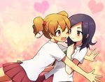  :d black_hair blonde_hair blush couple fresh_precure! glomp happy heart higashi_setsuna hug momozono_love multiple_girls necktie one_eye_closed open_mouth outstretched_arms outstretched_hand pink_background pink_eyes precure public_yotsuba_middle_school_uniform purple_hair red_eyes school_uniform short_hair smile twintails umei_(pixiv226457) yuri 