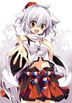  animal_ears detached_sleeves hat hat_ribbon highres inubashiri_momiji long_sleeves looking_at_viewer maturiuta_sorato midriff navel open_mouth orange_eyes outstretched_arm outstretched_hand ribbon shirt short_hair silver_hair skirt smile solo tail tokin_hat touhou wide_sleeves wolf_ears wolf_tail 