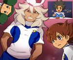  3boys ball blush clenched_teeth earth_eleven green_hair grin inazuma_eleven_(series) inazuma_eleven_go inazuma_eleven_go_galaxy jacket kusaka_ryuuji lightning_bolt matatagi_hayato matsukaze_tenma mizuhara_aki morimura_konoha multiple_boys open_eyes open_mouth red_eyes smile soccer_ball soccer_uniform sportswear teeth telstar track_jacket 