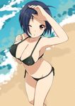  :o ;o ahoge armpits beach bikini black_bikini blue_hair breasts cleavage idolmaster idolmaster_(classic) large_breasts masato_ayame miura_azusa ocean one_eye_closed outdoors red_eyes shading_eyes side-tie_bikini solo strap_gap swimsuit water 