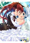  bare_shoulders blue_eyes blue_hair blush couple dress dutch_angle elbow_gloves flower formal gleision_adain gloves hand_on_shoulder happy hug long_hair looking_at_another mahou_shoujo_madoka_magica miki_sayaka multiple_girls one_eye_closed pant_suit petals ponytail red_eyes red_hair rose sakura_kyouko short_hair signature smile suit veil wedding wedding_dress wife_and_wife yuri 