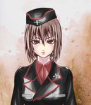  boudokumen brown_eyes brown_hair garrison_cap girls_und_panzer hat kuromorimine_military_uniform military military_uniform nishizumi_maho school_uniform short_hair solo uniform 