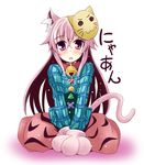  :3 animal_ears bell bell_collar blush bow cat_ears cat_mask cat_tail collar face_mask fang gloves hata_no_kokoro ichimi kemonomimi_mode long_hair long_sleeves looking_at_viewer mask open_mouth paw_gloves paws pink_eyes pink_hair plaid plaid_shirt shirt simpson_(gonpurin) sitting skirt solid_circle_eyes solo tail touhou very_long_hair white_background wide_sleeves 