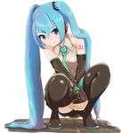 blue_eyes blue_hair boots covering covering_crotch detached_sleeves hatsune_miku headphones long_hair looking_at_viewer necktie pibo skirt solo squatting thigh_boots thighhighs twintails very_long_hair vocaloid 