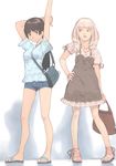  akinbo_(hyouka_fuyou) arms_up bag black_hair blonde_hair blush bracelet breasts brown_eyes curly_hair dress hand_on_hip handbag highres jewelry long_hair medium_breasts multiple_girls open_mouth original sandals shorts smile stretch 
