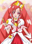  bow brooch choker cure_ace dokidoki!_precure dress hair_bow highres jewelry lipstick long_hair madoka_aguri magical_girl makeup masako_(sabotage-mode) pink_background precure red_eyes red_hair smile solo wand wrist_cuffs 