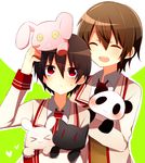  &gt;_&lt; :3 a-ya_(shuuen_no_shiori) bad_id bad_pixiv_id brown_hair button_eyes c-ta closed_eyes heart multiple_boys nanase09rr open_mouth red_eyes school_uniform short_hair shuuen_no_shiori_project stuffed_animal stuffed_bunny stuffed_cat stuffed_panda stuffed_toy sweatdrop 