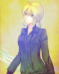  ahoge artoria_pendragon_(all) bad_id bad_pixiv_id blonde_hair fate/zero fate_(series) formal gloves green_eyes highres long_hair lsunl pant_suit ponytail saber solo suit 