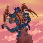  anthro ayato azul azul_(character) beverage blue_hair canine coffee dragon duo facial_hair gavin_(spyro) hair happy mammal mustache scalie smile spyro_reignited_trilogy western_dragon wings wolf 