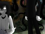  black_hair clothed clothing creepypasta forest grass grin hair human jeff_the_killer knife male monster outside slenderman standing suit teeth tentacles tree weapon 