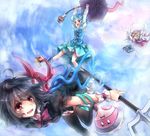  animal_ears arms_up asymmetrical_wings black_hair black_legwear blonde_hair blue_eyes blue_hair blue_panties blush capelet chasing cloud copy_ability dowsing_rod dress floating flying geta grey_hair hair_ornament heterochromia houjuu_nue jewelry karakasa_obake kirby kirby_(series) long_sleeves mouse_ears mouse_tail multiple_girls nazrin o_o open_mouth panties pendant pink_panties polearm purple_umbrella red_eyes shawl short_hair short_sleeves skirt sky snake tail tatara_kogasa tears thighhighs tongue toramaru_shou touhou trident ufo umbrella underwear vest weapon wings yudaoshan 