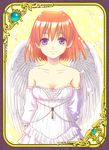  angel bare_shoulders dress feathers halo highres orange_hair original purple_eyes short_hair smile solo wings 