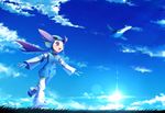  1girl :d blue_gloves blue_jacket blue_pants blue_shirt blue_shoes cloud clouds field flying gloves grass gym_leader happy helmet highres jacket latios long_sleeves nagi_(pokemon) nature open_mouth pants pokemon pokemon_(game) pokemon_rse purple_eyes purple_hair ribero running shirt shoes small_breasts smile sun wind 