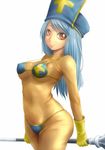  adapted_costume ao_usagi bikini blue_hair blush bodysuit breasts covered_nipples dragon_quest dragon_quest_iii gloves hat long_hair looking_at_viewer mace medium_breasts mitre orange_bodysuit priest_(dq3) red_eyes smile solo strap_gap swimsuit swimsuit_over_clothes weapon yellow_gloves 