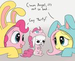  angel_(mlp) blue_eyes costume dialog english_text equine eyes female feral fluttershy_(mlp) friendship_is_magic fur group hair horse lagomorph mammal my_little_pony pink_fur pink_hair pinkie_pie_(mlp) pony rabbit smile spicyhamsandwich text white_fur yellow_fur 