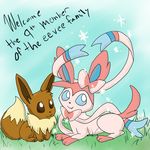  ambiguous_gender blue_eyes bow brown_eyes brown_fur cute eevee eeveelution feral fur grass nintendo pok&#233;mon pok&eacute;mon ribbons sharp_teeth smile solo sylveon teeth text unknown_artist video_games 