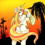  astrofenn big_butt blonde_hair breasts butt cutie_mark equine female flower fur green_eyes hair horn horse long_hair looking_down mammal nipples nude outside pony red_hair sky solo standing tattoo thighs tree unicorn voluptuous white_fur 