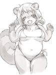  breasts chubby clothed clothing eyes_closed female greyscale kikurage mammal monochrome open_mouth raccoon skimpy smile solo swimsuit tanuki tight_clothing 