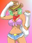  1girl breasts cigar cowboy_hat green_hair hat large_breasts lion_(abc3639) midriff rai_on_(abc3639) solo 