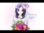  bare_shoulders blush bouquet bridal_veil bride brown_eyes clover commentary dress flower four-leaf_clover fresh_precure! hair_flower hair_ornament higashi_setsuna implied_yuri jewelry kairi_(fotune) leaf letterboxed light_smile lipstick makeup necklace precure purple_hair simple_background solo veil wedding_dress white_background 