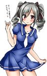  blush collarbone dress drill_hair idolmaster idolmaster_cinderella_girls kanzaki_ranko puffy_sleeves red_eyes sailor_dress short_hair short_sleeves silver_hair smile solo translated tsukudani_norio twintails white_background 