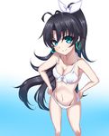  absurdres bikini black_hair earrings ganaha_hibiki green_eyes high_ponytail highres idolmaster idolmaster_(classic) jewelry long_hair niratani_fumihiko ponytail solo swimsuit 