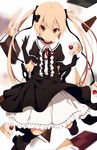  black_gloves blurry book cake choker elbow_gloves food gloves gothic_lolita hair_ribbon jumping lolita_fashion ogipote original parody pink_hair red_eyes ribbon solo style_parody twintails 