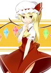  ascot bad_id bad_pixiv_id blonde_hair blush bow flandre_scarlet hat katori_(quietude) long_hair red_eyes short_sleeves side_ponytail skirt smile solo touhou wings 
