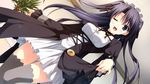  1girl berry&#039;s berry's black_hair blue_eyes blush breasts game_cg happy highres kokonobi legs long_hair looking_at_viewer maid maid_headdress morikubo_yuna open_mouth skirt smile solo standing thighhighs twintails wink 