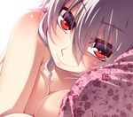  blush breasts cleavage close-up hayashi_custom izayoi_sakuya looking_at_viewer medium_breasts red_eyes short_hair silver_hair simple_background smile solo topless touhou white_background 