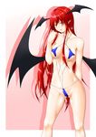  bare_shoulders bat_wings bikini blush breasts collarbone covered_nipples head_wings highres koakuma long_hair looking_at_viewer medium_breasts micro_bikini navel niwatazumi pointy_ears red_eyes red_hair smile solo swimsuit touhou wings 