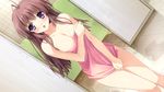  1girl :o antenna_hair bath bathroom berry&#039;s berry's blush breasts brown_hair covered_nipples covering dutch_angle erect_nipples female game_cg highres izuno_youko kokonobi large_breasts legs long_hair looking_at_viewer nude open_mouth purple_eyes solo standing thighs tile_floor tiles tongue\r\n tonguern towel wet 