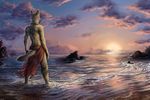  anthro back back_turned beach canine clothing cloud ear_piercing fox fur jackal male mammal pants piercing red_lantern rock rukis sand sea seaside sky solo stars sun topless water 