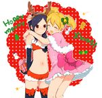  :d alternate_costume arms_behind_back bare_shoulders bell blonde_hair blush bow butadon christmas closed_eyes fresh_precure! gift hairband hand_on_another's_head happy higashi_setsuna horns hug merry_christmas midriff momozono_love multiple_girls navel open_mouth pink_bow precure purple_hair red_eyes shorts smile snowman star thighhighs twintails yuri 