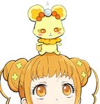  :3 bear blush_stickers dokidoki!_precure double_bun face hirosuke_(psychexx) looking_up orange_eyes orange_hair precure rance_(dokidoki!_precure) simple_background sitting sitting_on_head sitting_on_person white_background yotsuba_alice 