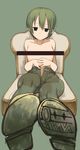  black_eyes censored chair flat_chest green_hair hands_on_stomach kino kino_no_tabi nipple_censor short_hair sitting solo topless unzipped yugami_gooshu 