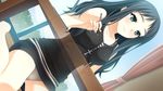  bare_shoulders berry's black_hair blush cross curtains dutch_angle game_cg green_eyes hashimoto_takashi highres makinosawa_ena mechanical_pencil miniskirt panties pantyshot pantyshot_(sitting) pencil sitting skirt smile solo table tank_top underwear wariza window wooden_floor zipper 