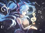  blue_hair bow bowtie detached_sleeves floating_hair hatsune_miku long_hair musical_note rosele solo twintails vocaloid 